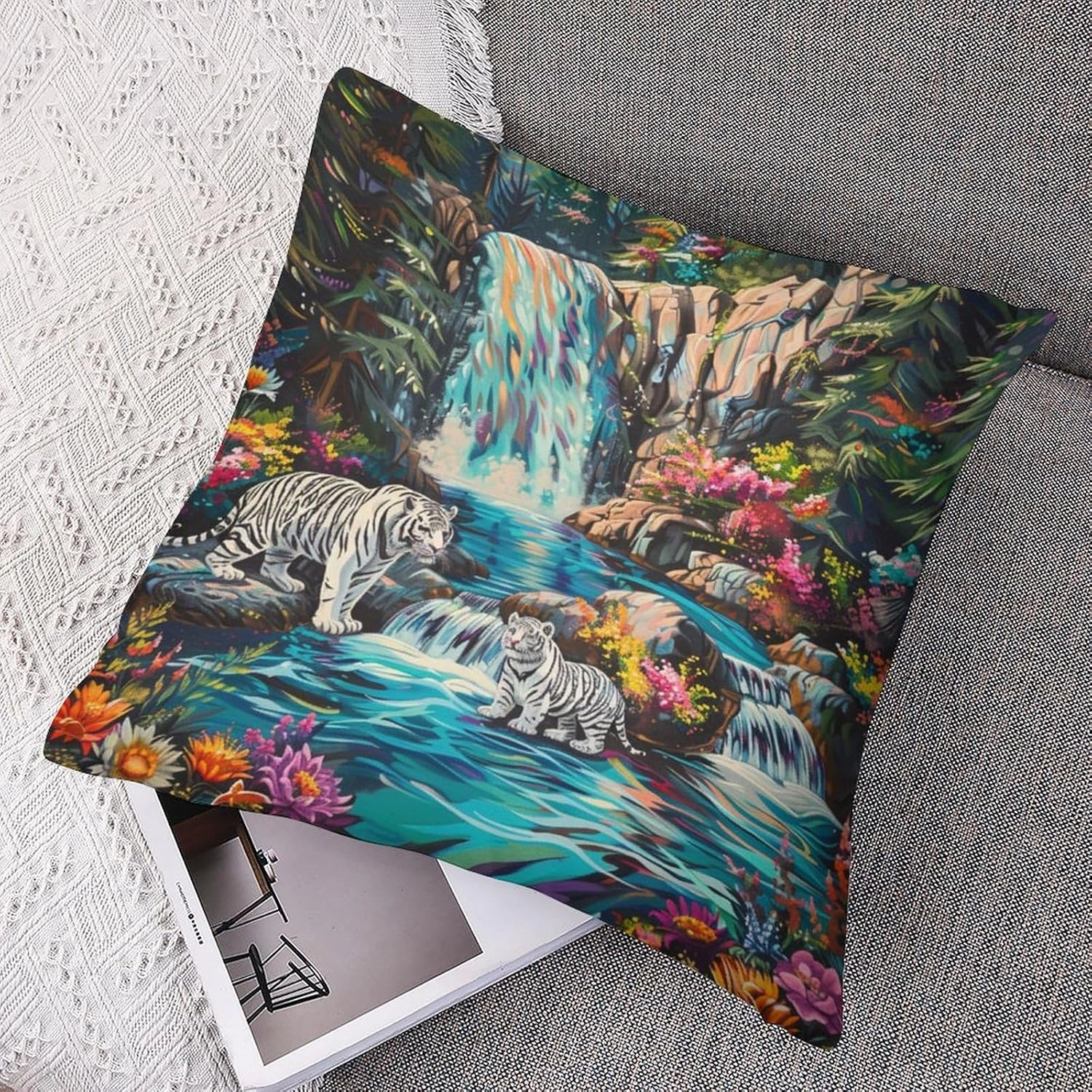 2 Packs Waterfall River Fantasy Throw Pillow Covers for Living Room, Tiger Animal Floral Leaf Pillow Covers Cushion Case for Couch Sofa Bed, 20x20 inch