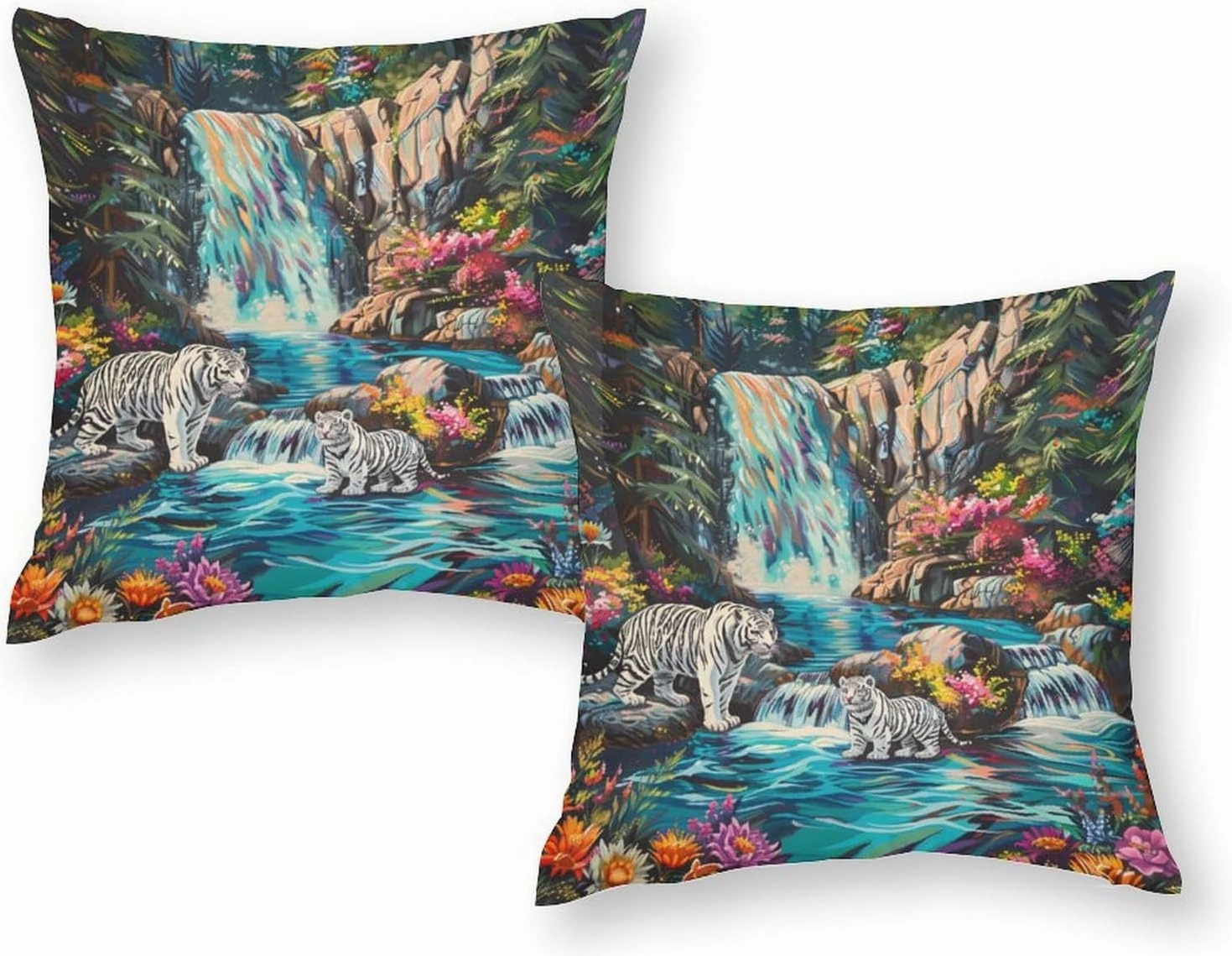 2 Packs Waterfall River Fantasy Throw Pillow Covers for Living Room, Tiger Animal Floral Leaf Pillow Covers Cushion Case for Couch Sofa Bed, 20x20 inch