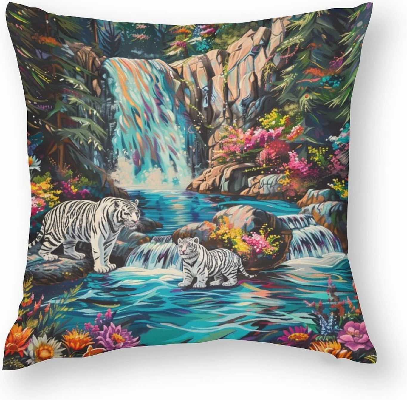 2 Packs Waterfall River Fantasy Throw Pillow Covers for Living Room, Tiger Animal Floral Leaf Pillow Covers Cushion Case for Couch Sofa Bed, 20x20 inch