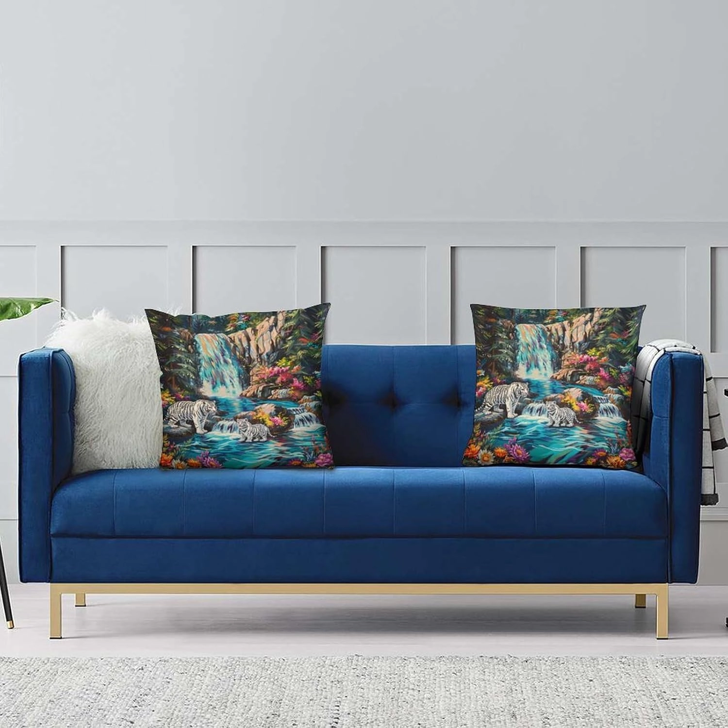 2 Packs Waterfall River Fantasy Throw Pillow Covers for Living Room, Tiger Animal Floral Leaf Pillow Covers Cushion Case for Couch Sofa Bed, 20x20 inch