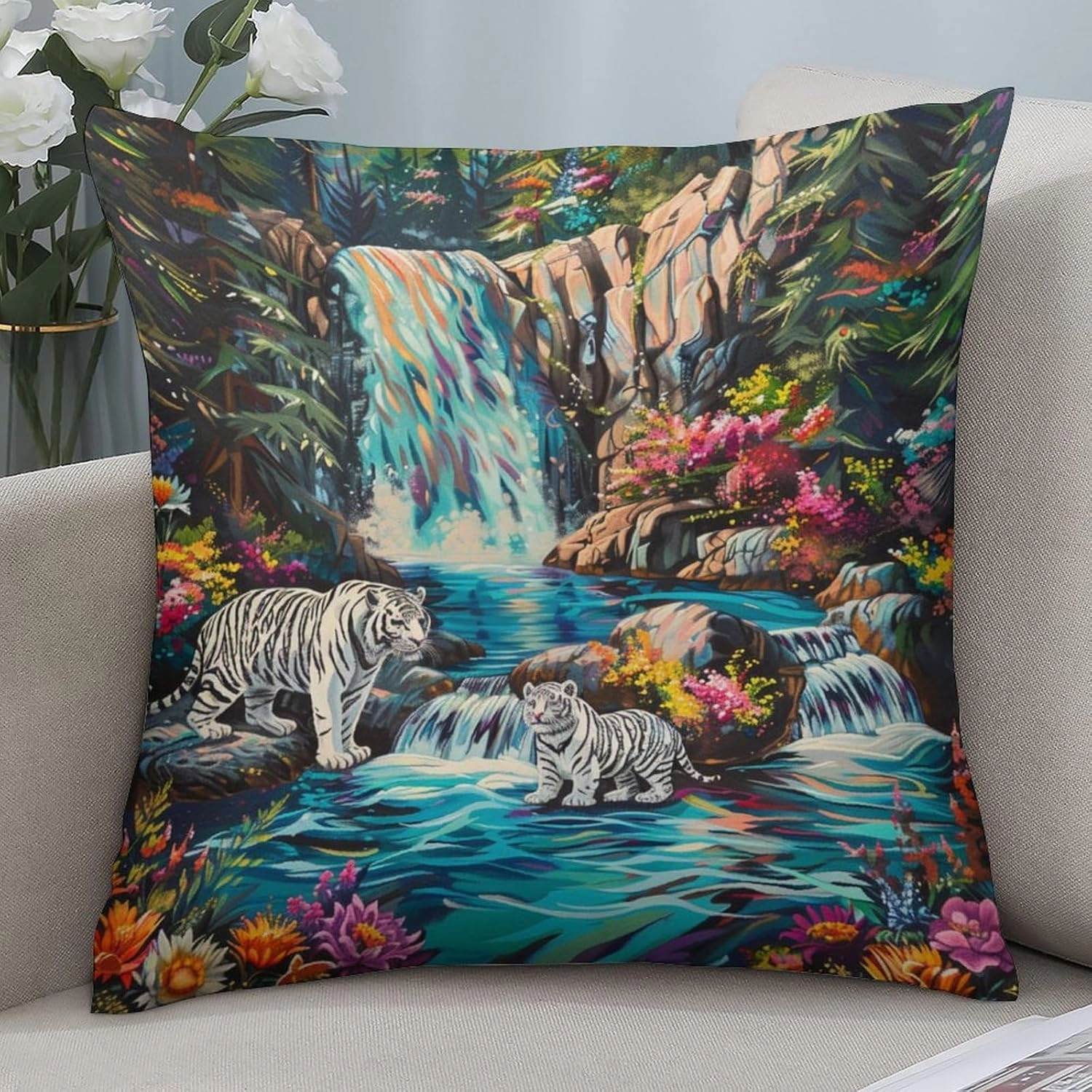 2 Packs Waterfall River Fantasy Throw Pillow Covers for Living Room, Tiger Animal Floral Leaf Pillow Covers Cushion Case for Couch Sofa Bed, 20x20 inch
