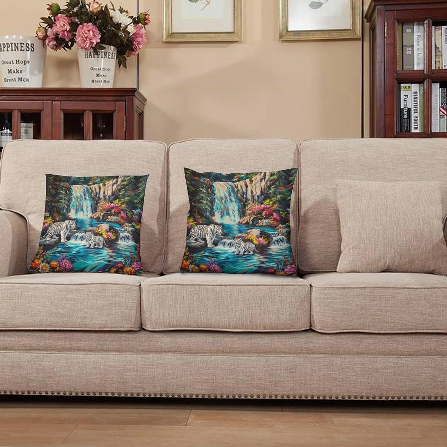2 Packs Waterfall River Fantasy Throw Pillow Covers for Living Room, Tiger Animal Floral Leaf Pillow Covers Cushion Case for Couch Sofa Bed, 20x20 inch