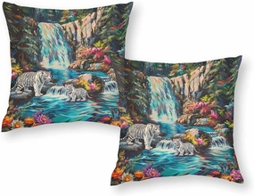 2 Packs Waterfall River Fantasy Throw Pillow Covers for Living Room, Tiger Animal Floral Leaf Pillow Covers Cushion Case for Couch Sofa Bed, 20x20 inch
