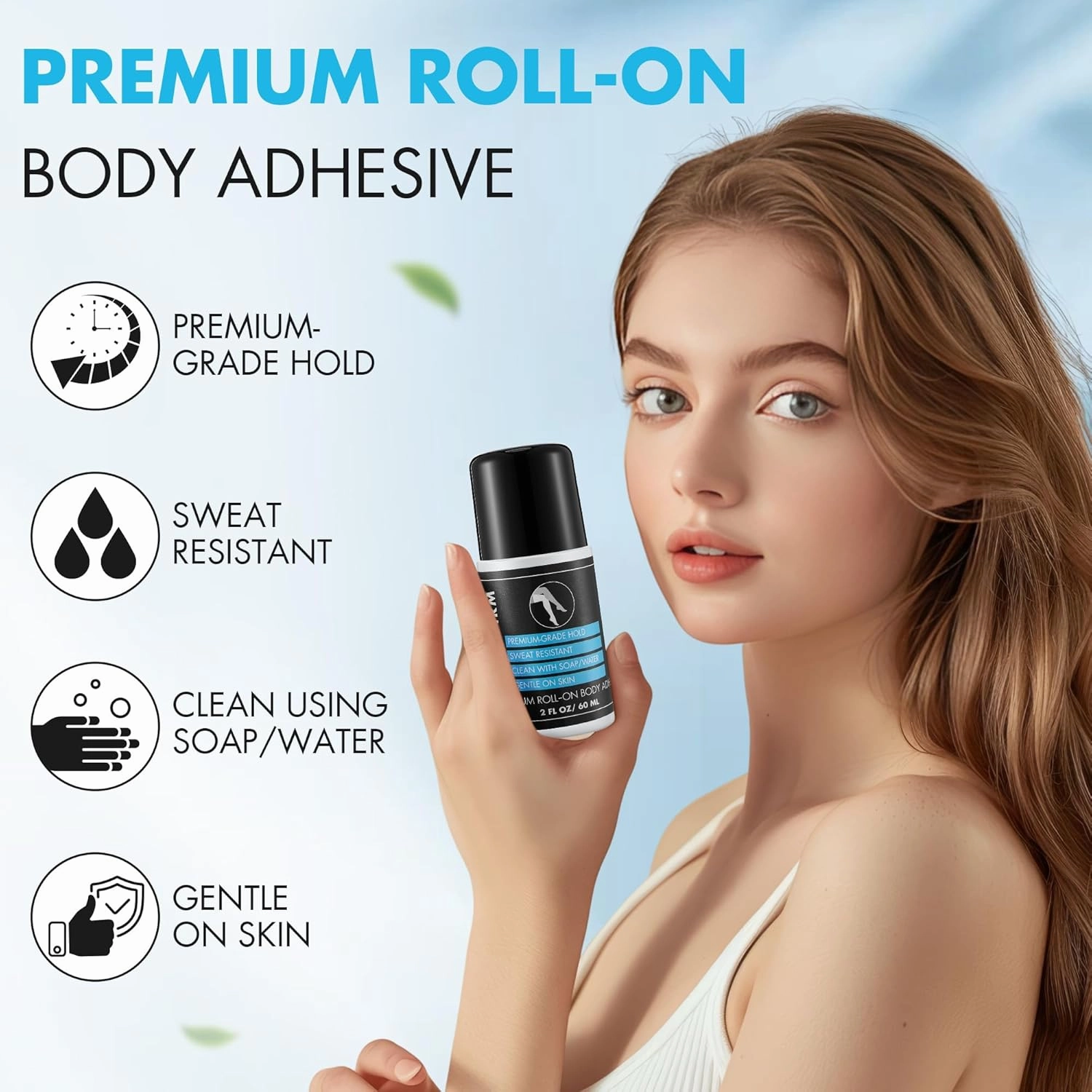 2 Pcs Roll On Body Glue for Dancers with Metal Tip Roller Ball, 2oz Sweat-Resistant Body Adhesive, Clear & Non Toxic Liquid Butt Adhesive for Compression Stockings, Wig Glue, Residue Free