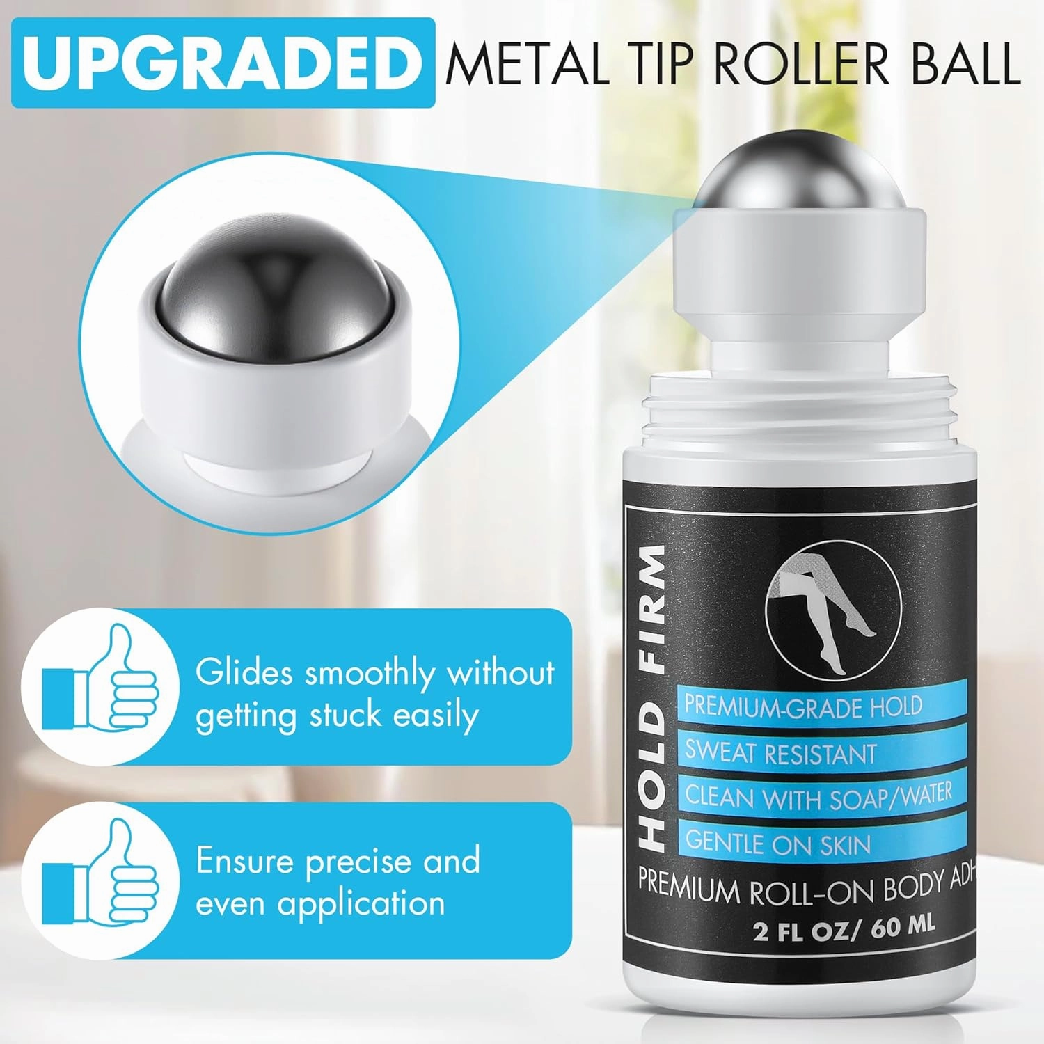 2 Pcs Roll On Body Glue for Dancers with Metal Tip Roller Ball, 2oz Sweat-Resistant Body Adhesive, Clear & Non Toxic Liquid Butt Adhesive for Compression Stockings, Wig Glue, Residue Free
