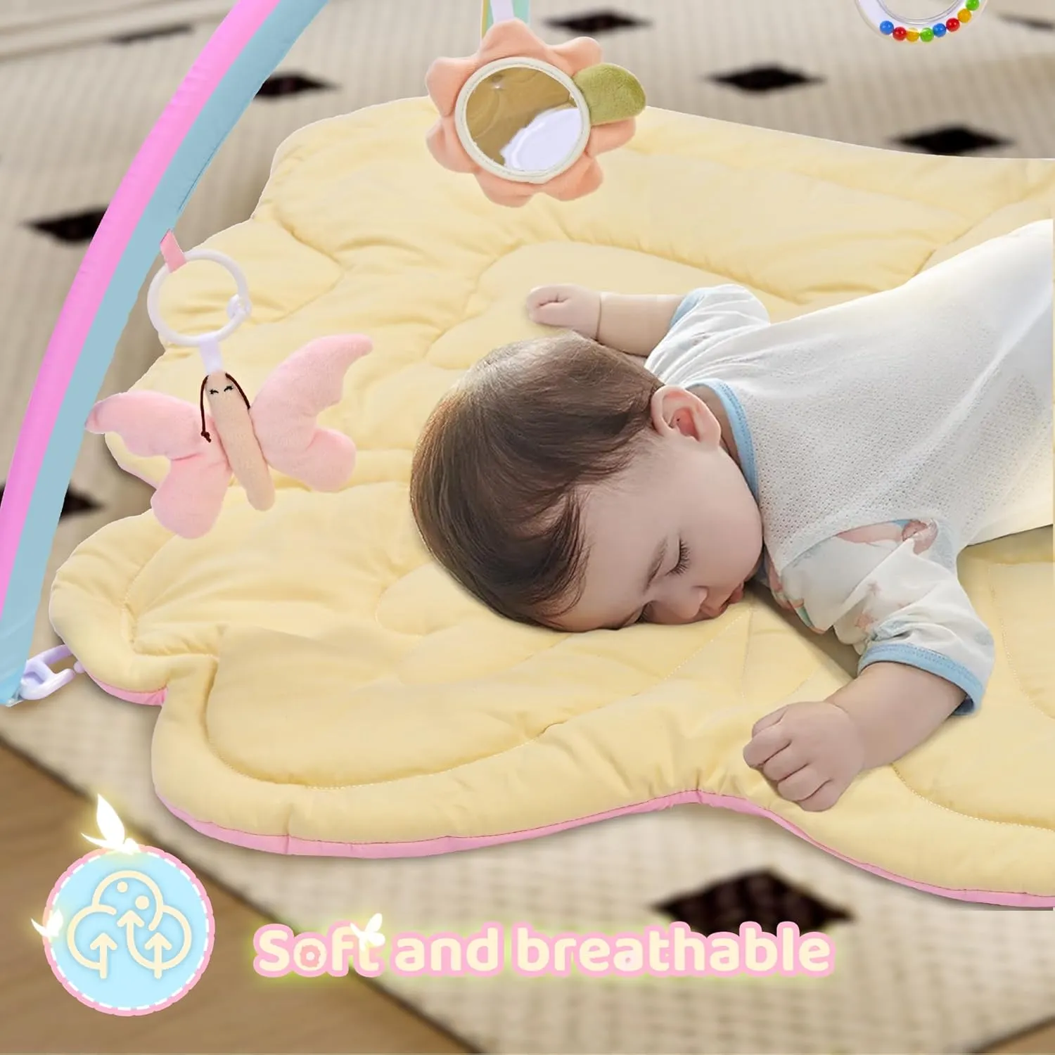 2PM SPORTS Pink Butterfly Theme Baby Play Mat, Tummy Time Play Mat for Infant Newborn, Baby Play Gyms & Playmats for Girl 0-6 6-12 Months, Activity Gym 5 Detachable Toys，Gimnasio para Bebes 0-12 Meses