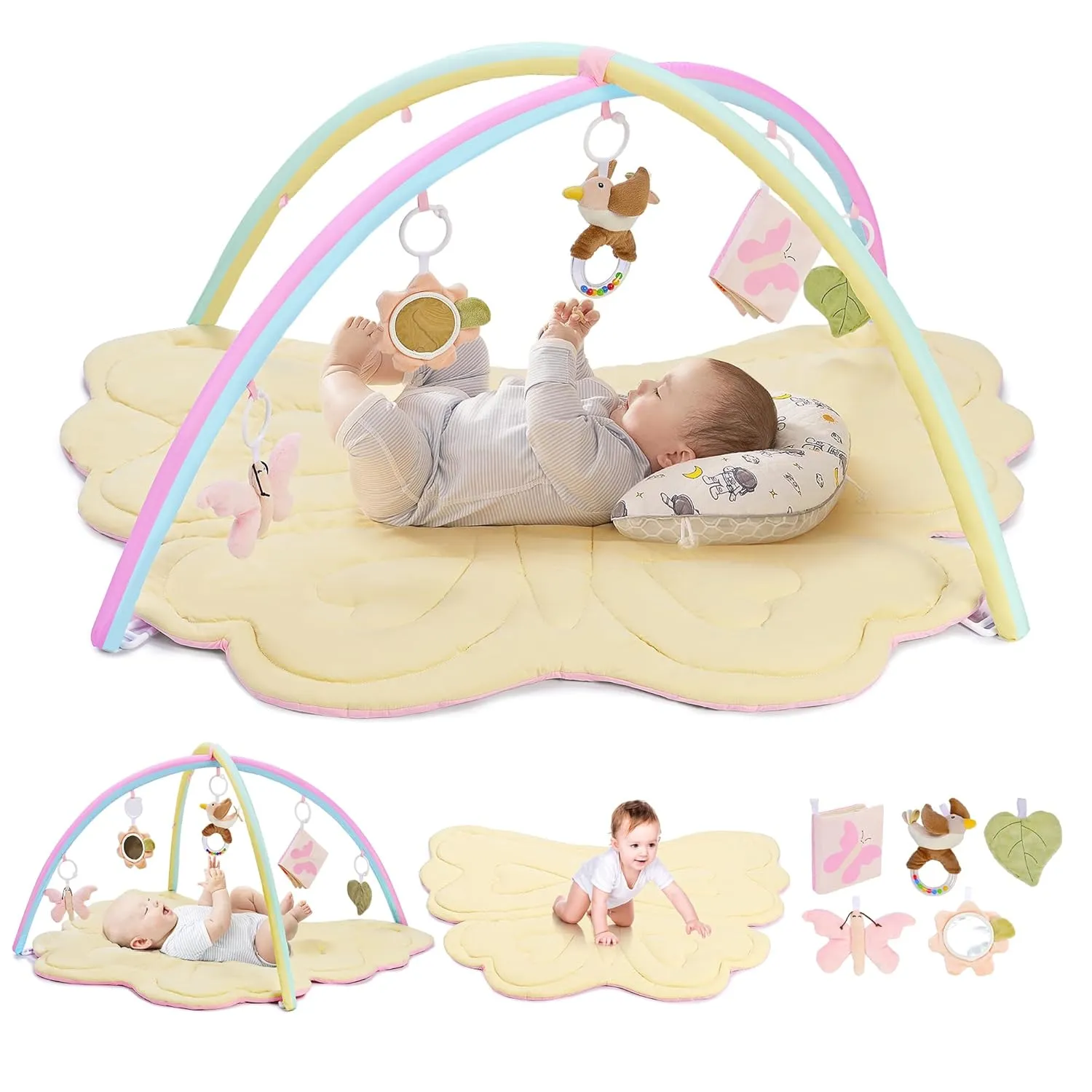 2PM SPORTS Pink Butterfly Theme Baby Play Mat, Tummy Time Play Mat for Infant Newborn, Baby Play Gyms & Playmats for Girl 0-6 6-12 Months, Activity Gym 5 Detachable Toys，Gimnasio para Bebes 0-12 Meses