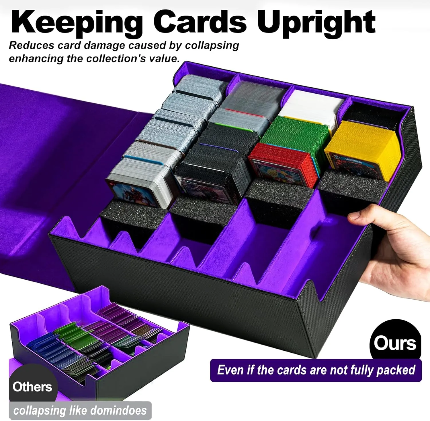 3200  Trading Card Storage Box, 6 Rows Card Deck Case for Trading Cards with 10 Pcs Card Dividers PU Leather Commander Card Deck Case for Magic Commander YugiOh TCG TGG Sport Cards (Black Purple)