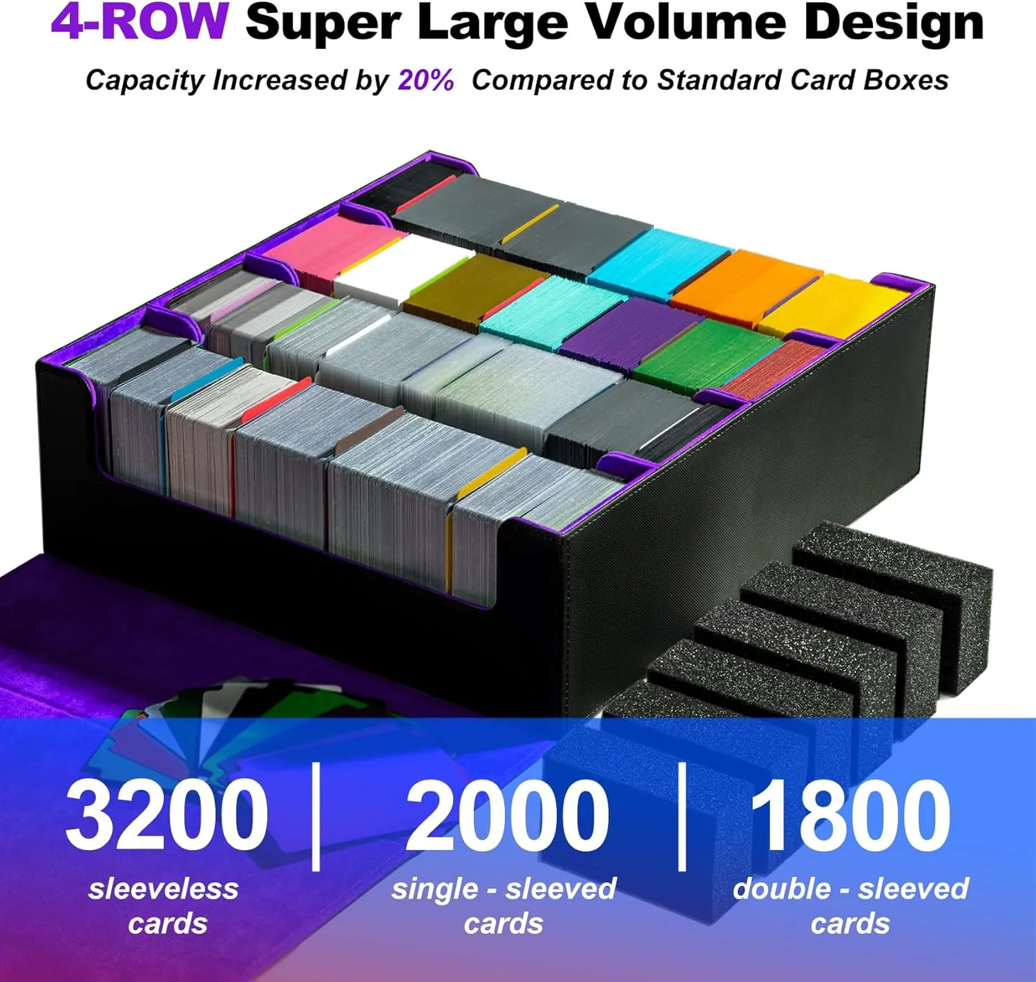 3200  Trading Card Storage Box, 6 Rows Card Deck Case for Trading Cards with 10 Pcs Card Dividers PU Leather Commander Card Deck Case for Magic Commander YugiOh TCG TGG Sport Cards (Black Purple)