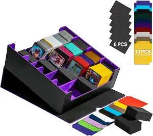 3200  Trading Card Storage Box, 6 Rows Card Deck Case for Trading Cards with 10 Pcs Card Dividers PU Leather Commander Card Deck Case for Magic Commander YugiOh TCG TGG Sport Cards (Black Purple)
