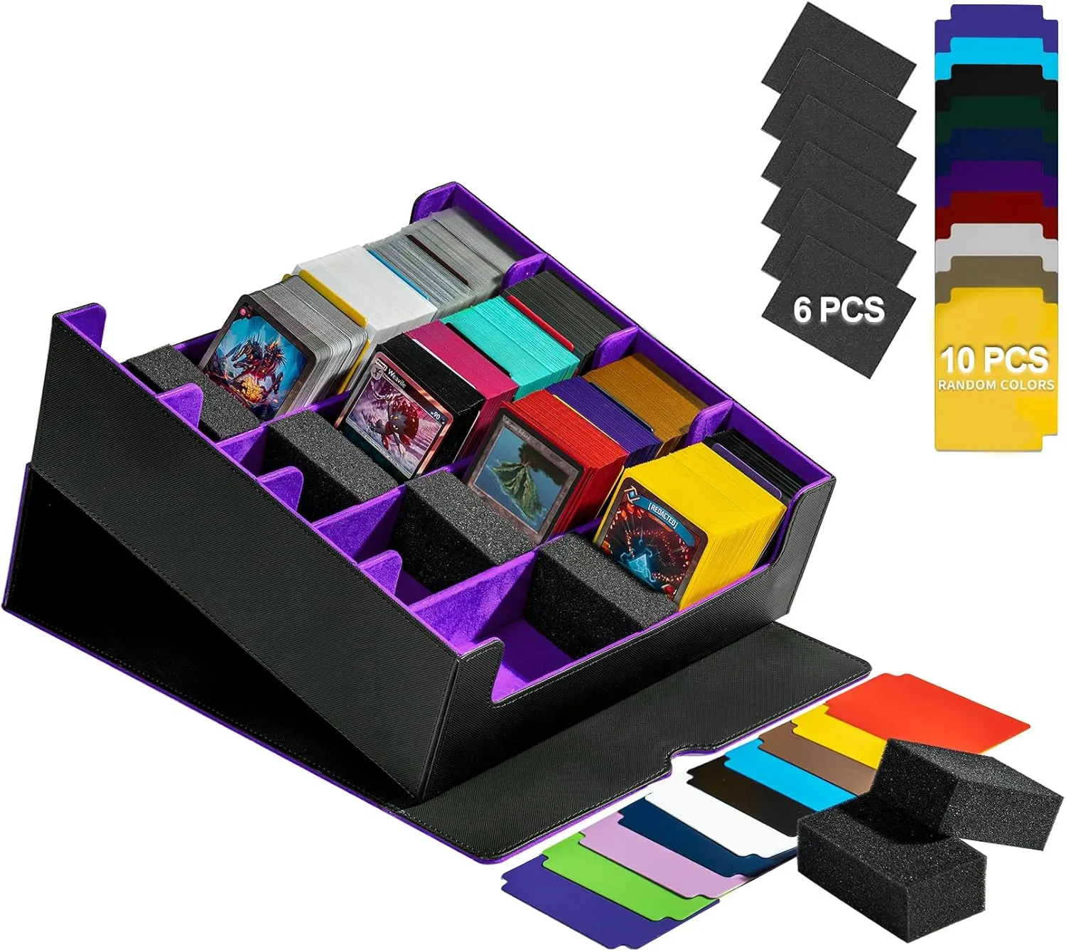 3200  Trading Card Storage Box, 6 Rows Card Deck Case for Trading Cards with 10 Pcs Card Dividers PU Leather Commander Card Deck Case for Magic Commander YugiOh TCG TGG Sport Cards (Black Purple)