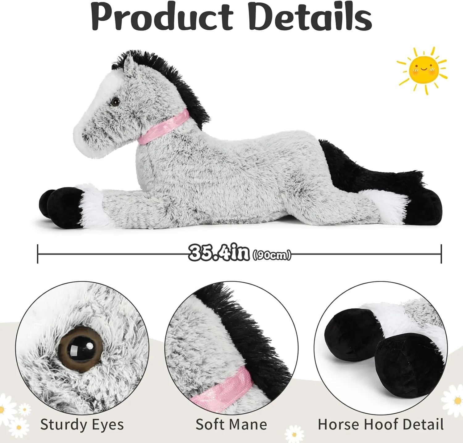 35.4 Inch Large Horse Stuffed Animals Toy, Stuffed Pony Plush Baby Pillow, Soft Gray Horse Plush Pillow for Boys Girls