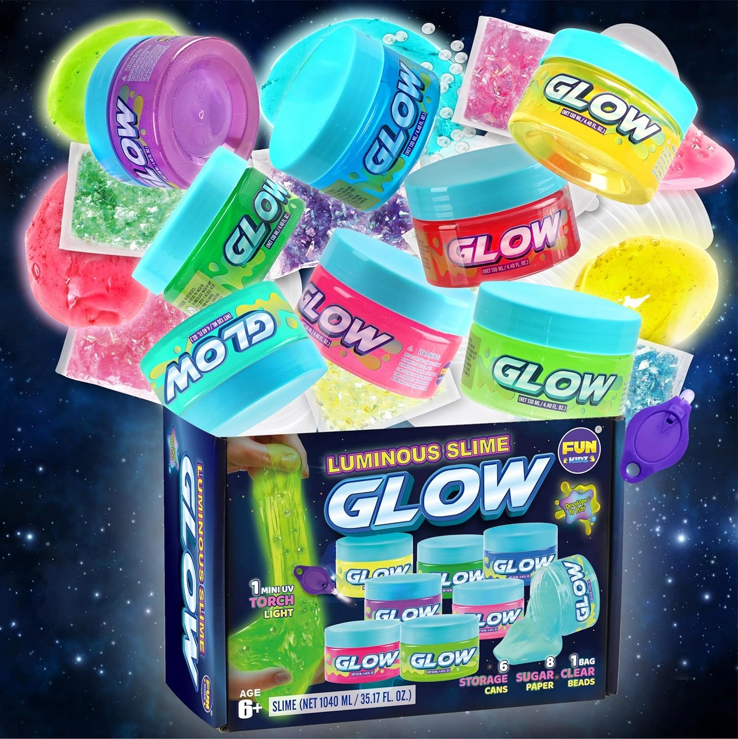 35.16 FL OZ Glow in The Dark Slime for Kids 6 , FunKidz 1040 ML Large Slime 8 Packs Neon Colors Slime Kit Green Blue Pink Yellow Gift for Boys Girls Birthday Party