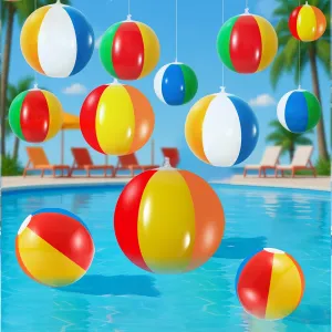 36 Pcs Beach Balls Decoration 5in 12in 16in Hanging Beach Ball Inflatable Summer Decorations with Hanging Rope and Hooks Rainbow Ball for Hawaiian Summer Pool Party Decoration