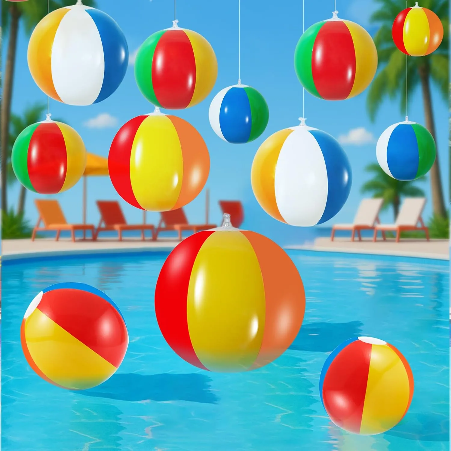 36 Pcs Beach Balls Decoration 5in 12in 16in Hanging Beach Ball Inflatable Summer Decorations with Hanging Rope and Hooks Rainbow Ball for Hawaiian Summer Pool Party Decoration