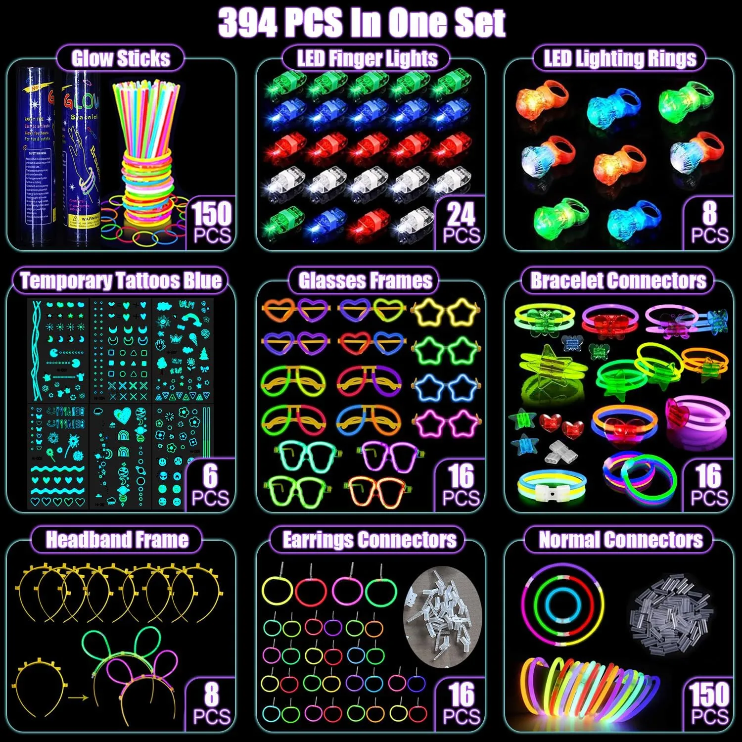 394 Pcs Glow in the Dark Party Supplies for 16 Kids Adults, Light Up Party Favors, 150 Ultra Bright Glow Sticks Bulk Party Pack with Set of 16 Glow Glasses,Earring, Headband,Bracelets, Necklaces