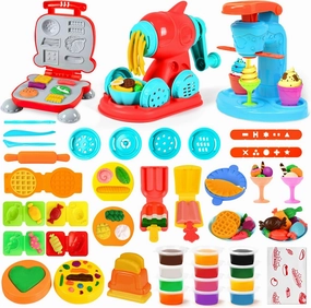 3 in 1 Dough Sets 59 PCS for Kids Ages 4-8, Dough Tools Kit with Ice Cream Noodle Hamburger Maker Machine, Kitchen Creations Art Crafts Food Play Toys for Boys Girls Kids Toddlers Ages 3 