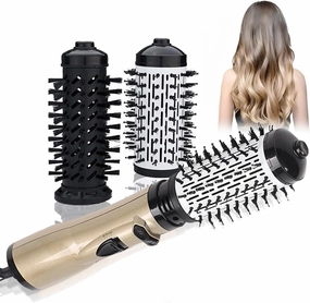 3-in-1 Hot Air Styler & Rotating Hair Dryer Brush with 2 Interchangeable Brushes | Anti-Frizz Ionic Technology for Straightening, Drying & Curling | 3 Heat Settings & 360° Rotation (Gold)
