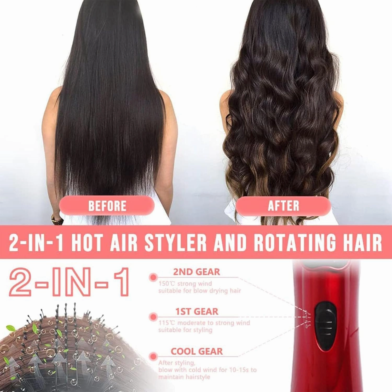 3-in-1 Hot Air Styler & Rotating Hair Dryer Brush with 2 Interchangeable Brushes | Anti-Frizz Ionic Technology for Straightening, Drying & Curling | 3 Heat Settings & 360° Rotation (Gold)