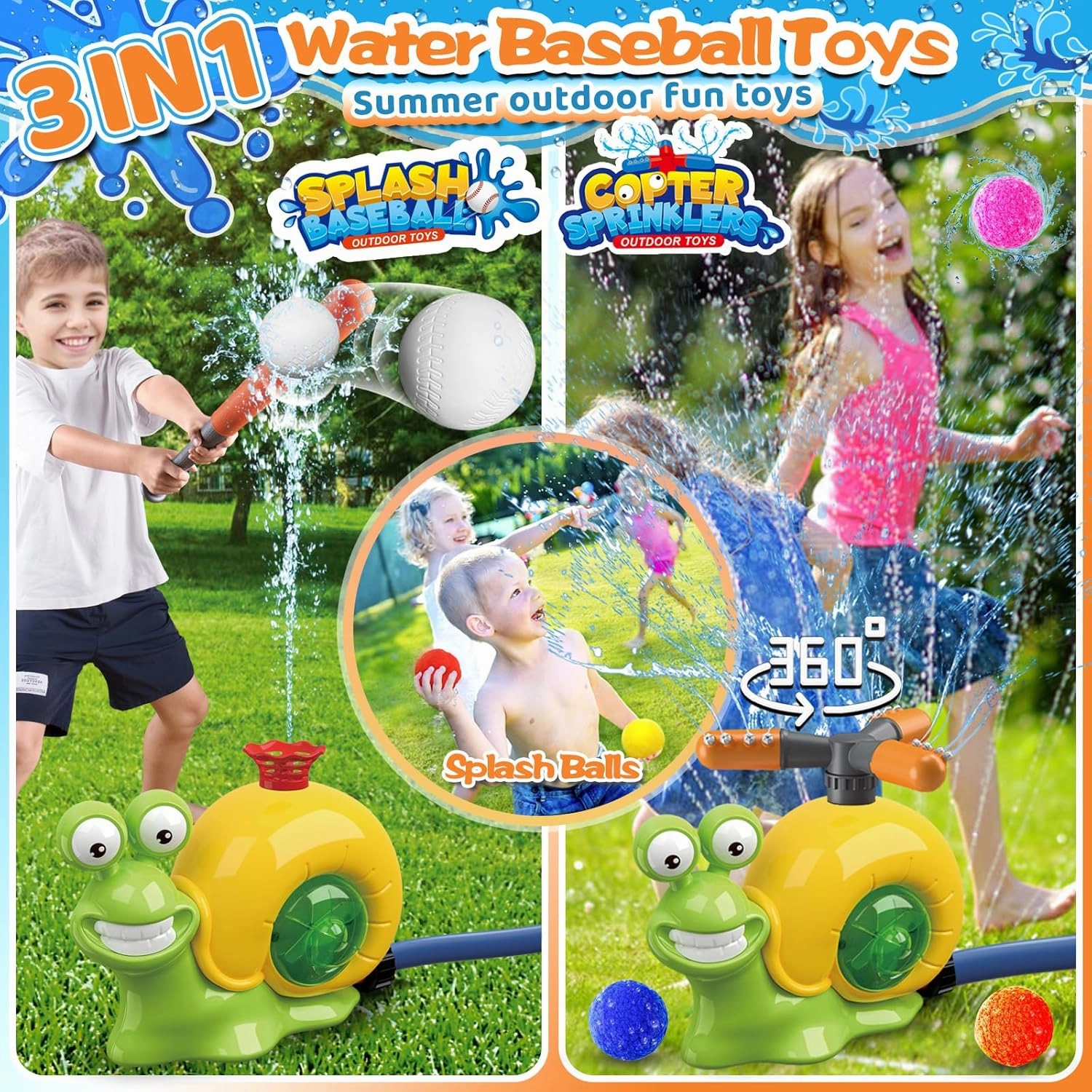 3-in-1 Water Sprinkler Baseball Toy, 360° Rotating Water Baseball Tee & T Ball Sprinkler with Water Balls, Summer Outdoor Water Toys for Kids Backyard Games Lawn Pool, Snail, Ages 3 