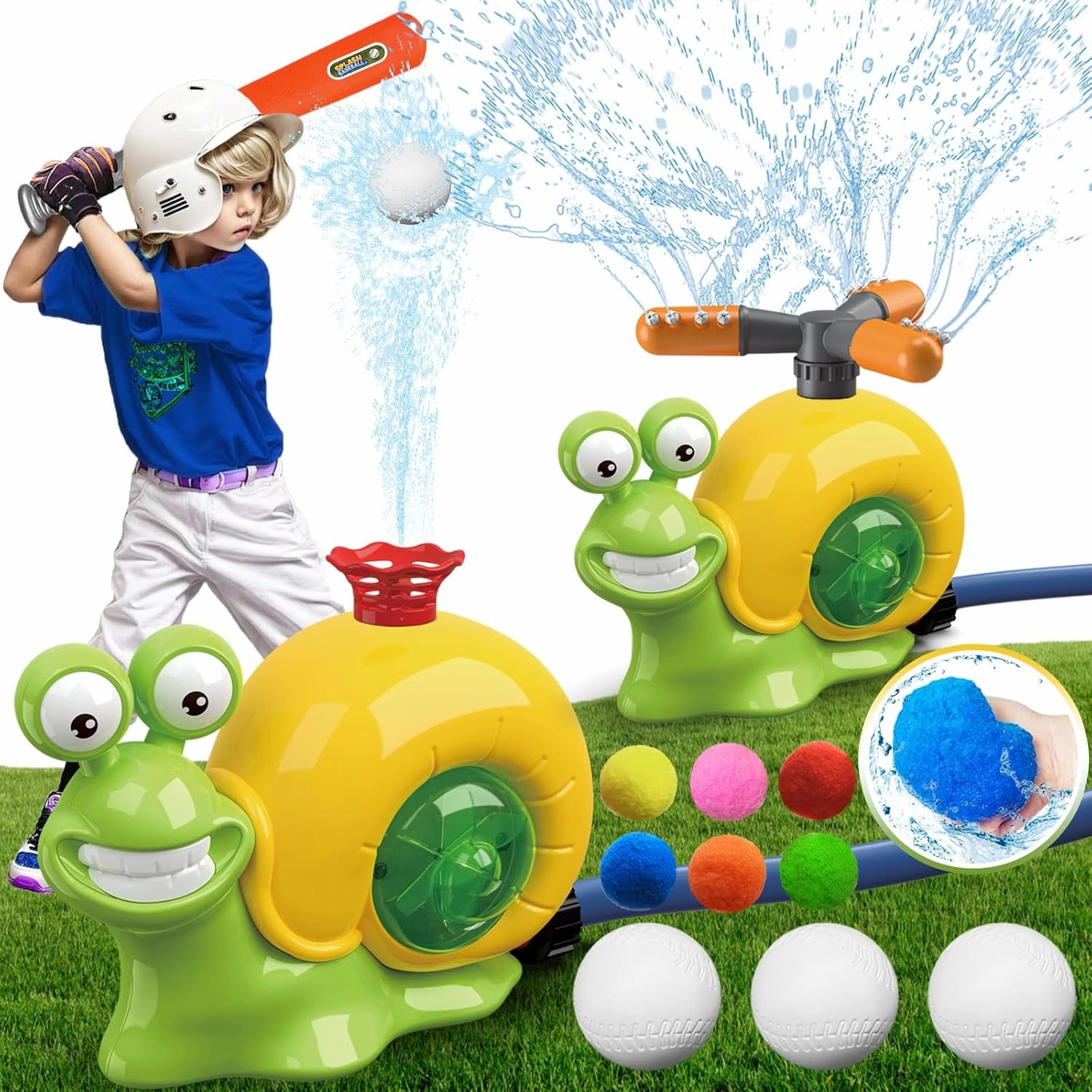 3-in-1 Water Sprinkler Baseball Toy, 360° Rotating Water Baseball Tee & T Ball Sprinkler with Water Balls, Summer Outdoor Water Toys for Kids Backyard Games Lawn Pool, Snail, Ages 3 