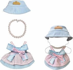 3-Piece Set – Clothes for 17cm Dolls and Plush Toys – Sweet Dress with Faux Pearl Necklace & Hat – Doll Accessories Only, No Doll Included (Blue)