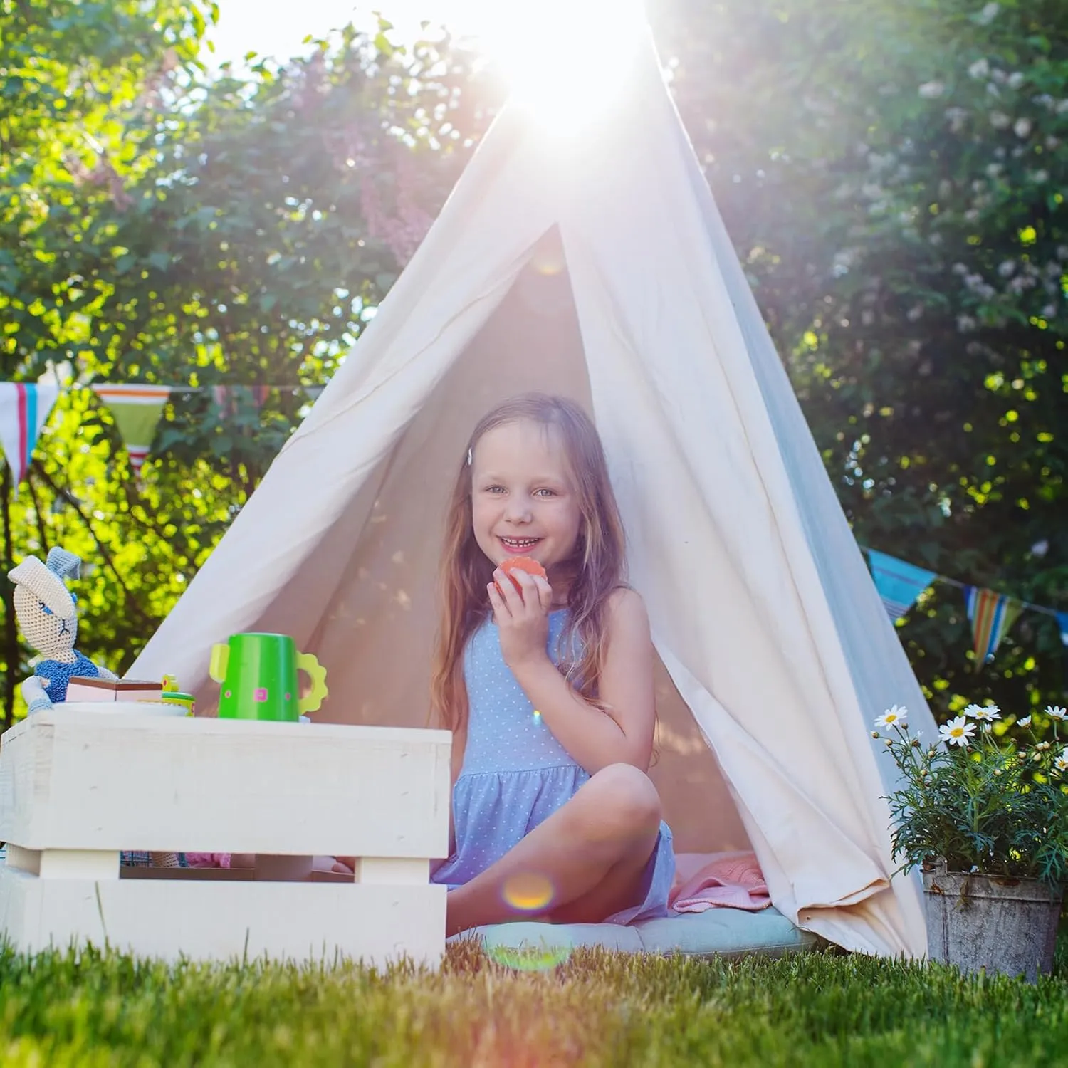 3pcs Teepee Tent with 10FT String Lights for Kids, Canvas Teepee Play Tent, Indoor & Outdoor Playing Tents with for Girls & Boys Party Indoor Outdoor Games (White)