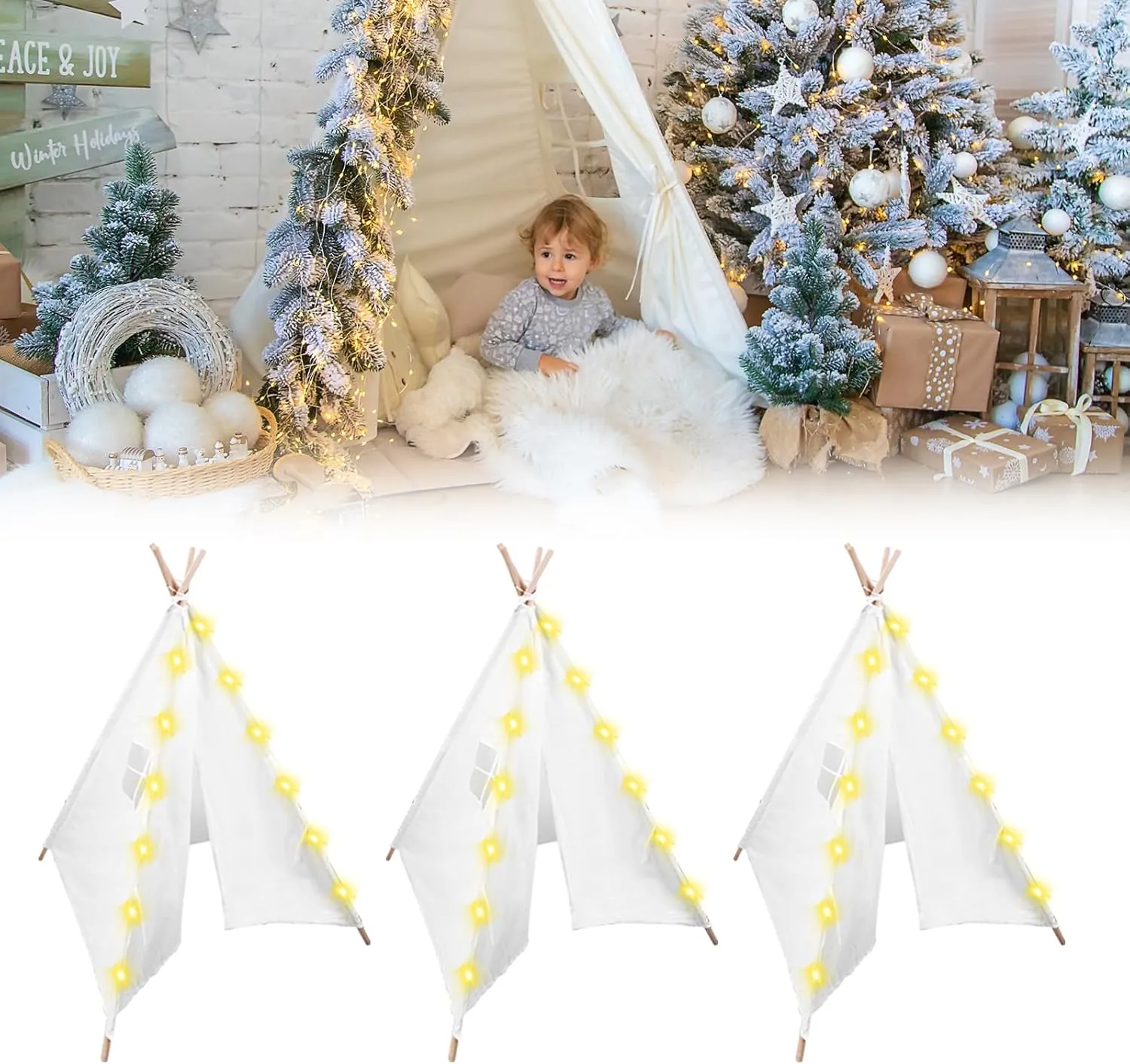 3pcs Teepee Tent with 10FT String Lights for Kids, Canvas Teepee Play Tent, Indoor & Outdoor Playing Tents with for Girls & Boys Party Indoor Outdoor Games (White)