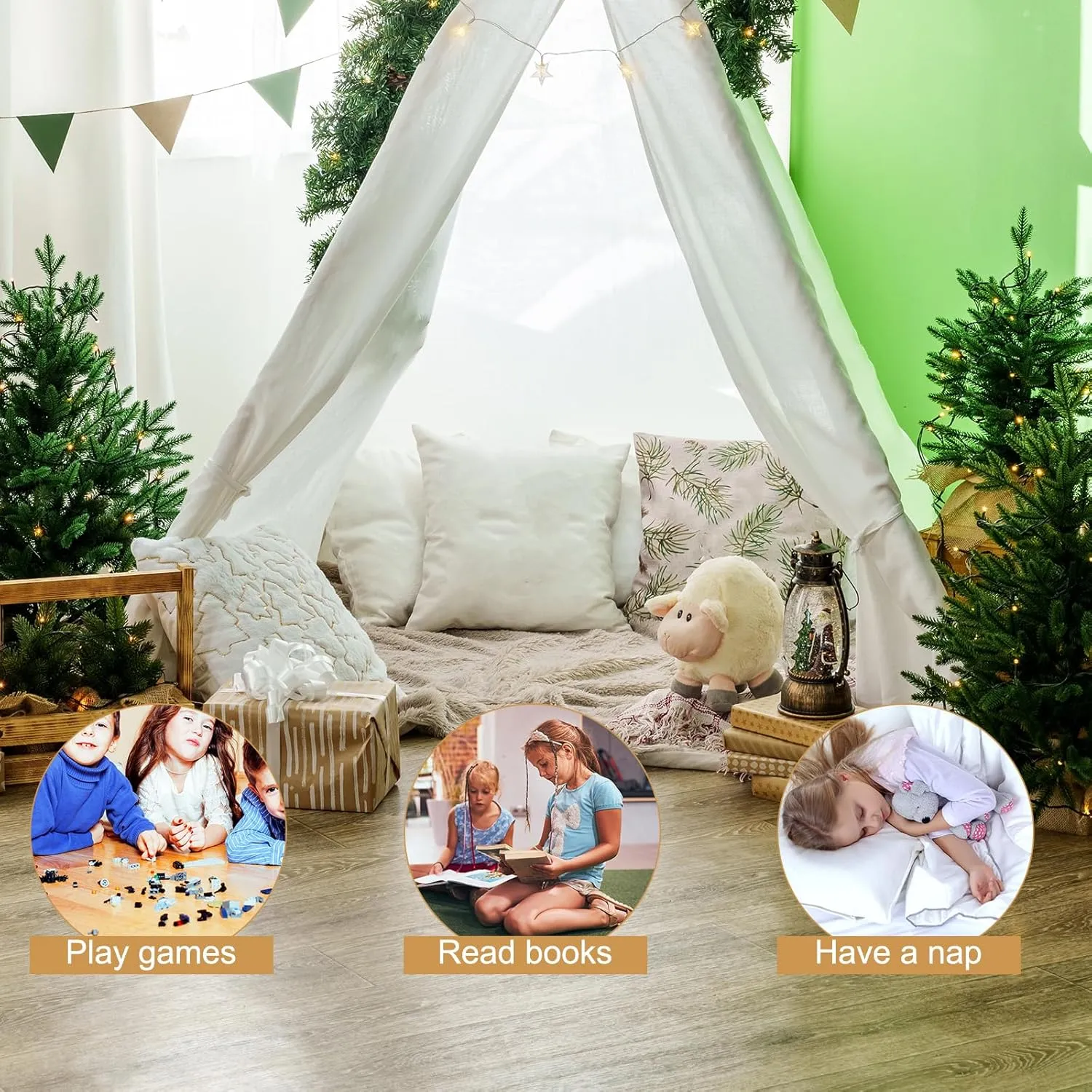 3pcs Teepee Tent with 10FT String Lights for Kids, Canvas Teepee Play Tent, Indoor & Outdoor Playing Tents with for Girls & Boys Party Indoor Outdoor Games (White)