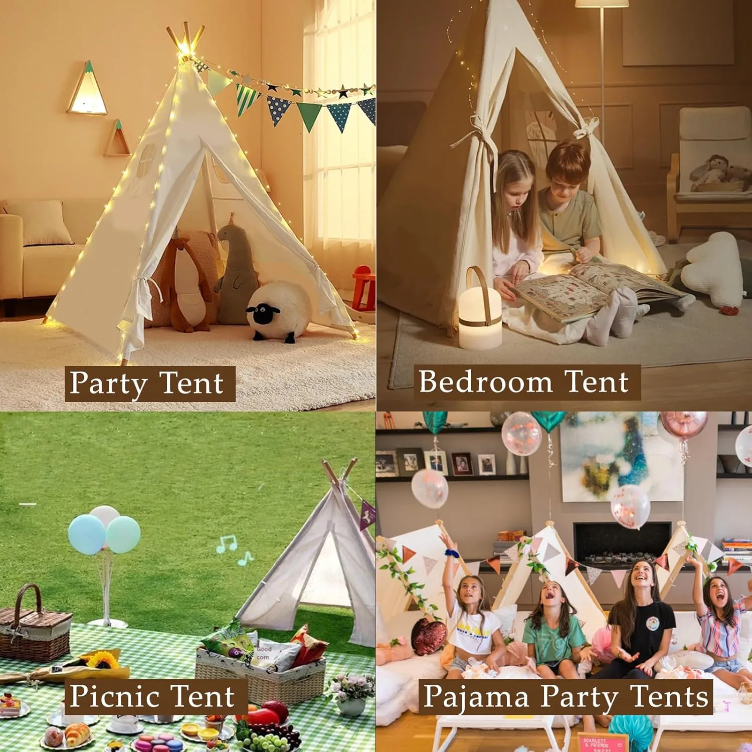 3pcs Teepee Tent with 10FT String Lights for Kids, Canvas Teepee Play Tent, Indoor & Outdoor Playing Tents with for Girls & Boys Party Indoor Outdoor Games (White)