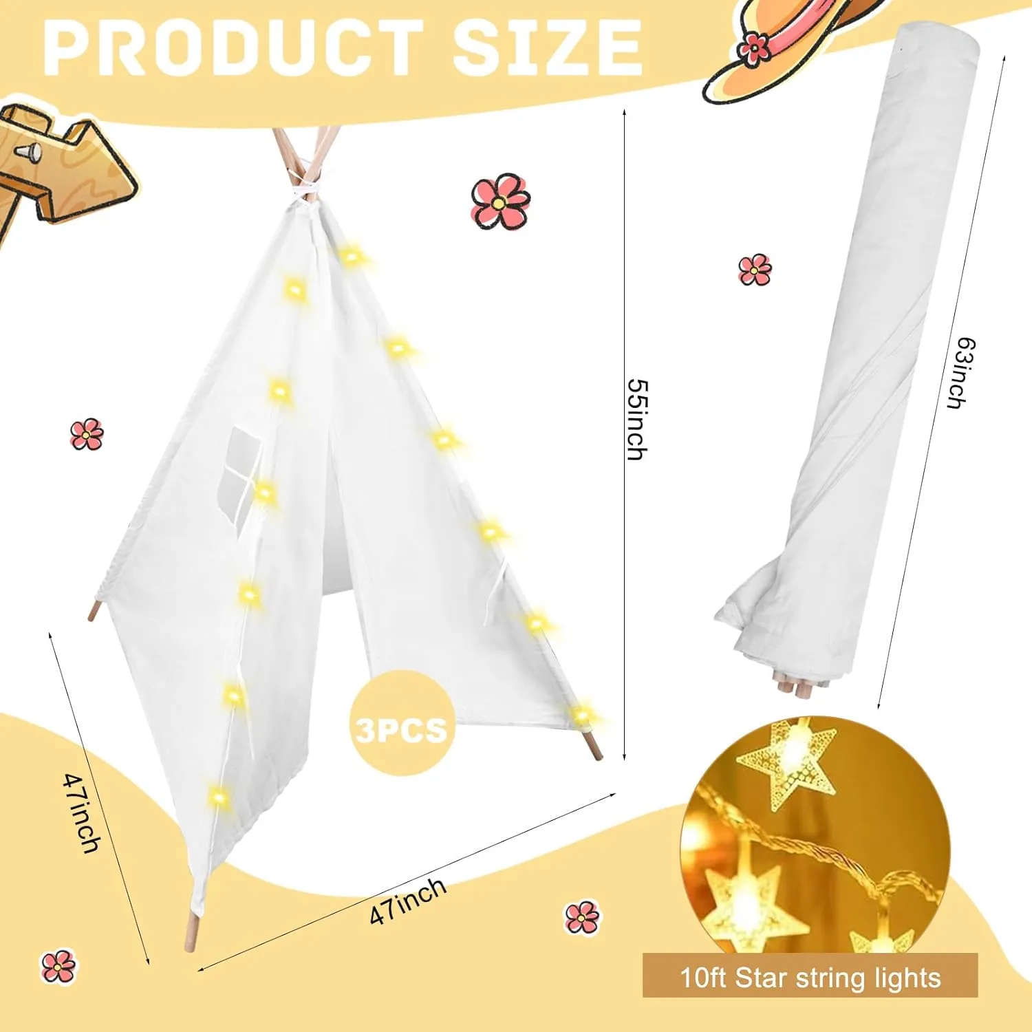 3pcs Teepee Tent with 10FT String Lights for Kids, Canvas Teepee Play Tent, Indoor & Outdoor Playing Tents with for Girls & Boys Party Indoor Outdoor Games (White)