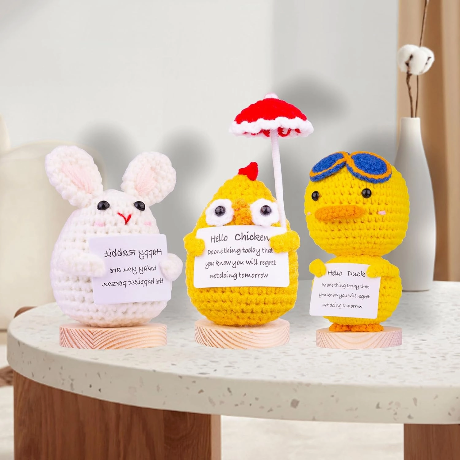 3PCS Handmade Emotional Support Cucumber Gifts, Cute Knitted Cucumber Dolls Car Decorations with Wooden Base, Front Card Decoration for Birthday Gift Home Decoration(A6)