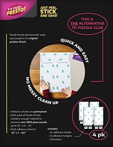 (4 Pack) Puzzle Presto! Peel & Stick Puzzle Saver: The Original and Still The Best Way to Preserve Your Finished Puzzle! 24 Adhesive Sheets and 8 Adhesive Hangars.