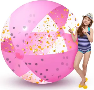 48 Inch Giant Pink Inflatable Beach Balls 4 Feet Glitter Confetti Pool Balls Heavy Duty Inflatable Ball Funny Pool Toys for Summer Beach Pool Party Favor Supplies