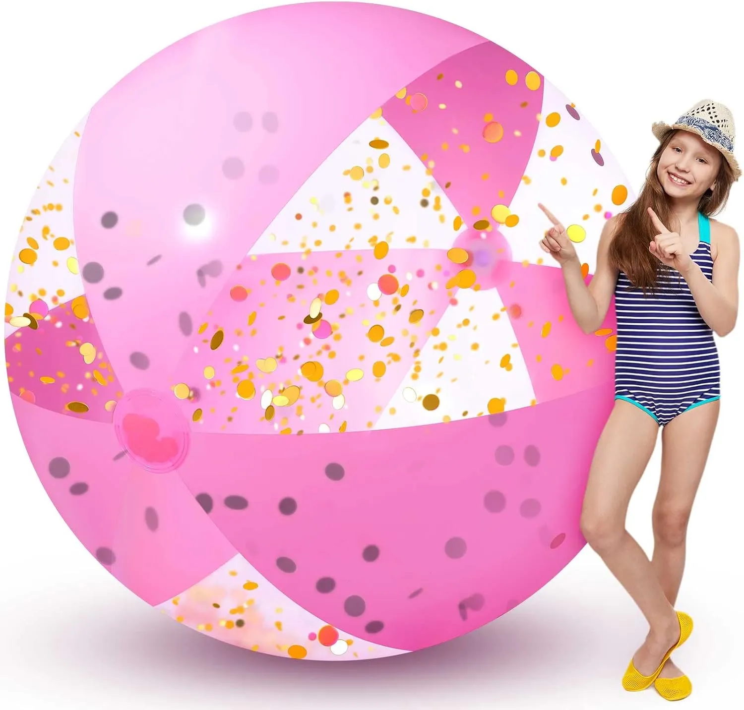 48 Inch Giant Pink Inflatable Beach Balls 4 Feet Glitter Confetti Pool Balls Heavy Duty Inflatable Ball Funny Pool Toys for Summer Beach Pool Party Favor Supplies