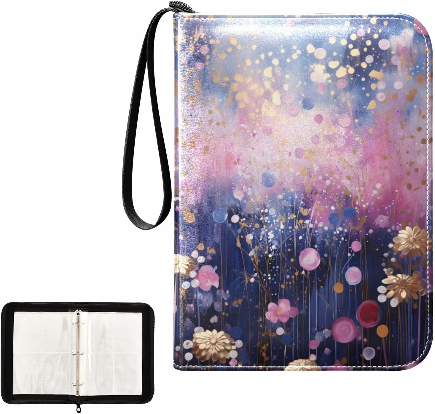 4 Pockets Trading Card Album Holder Book Folder Sports Card Binder Cute Flower Painting 400 Double Side Pockets for 3 Ring Binder Zipper