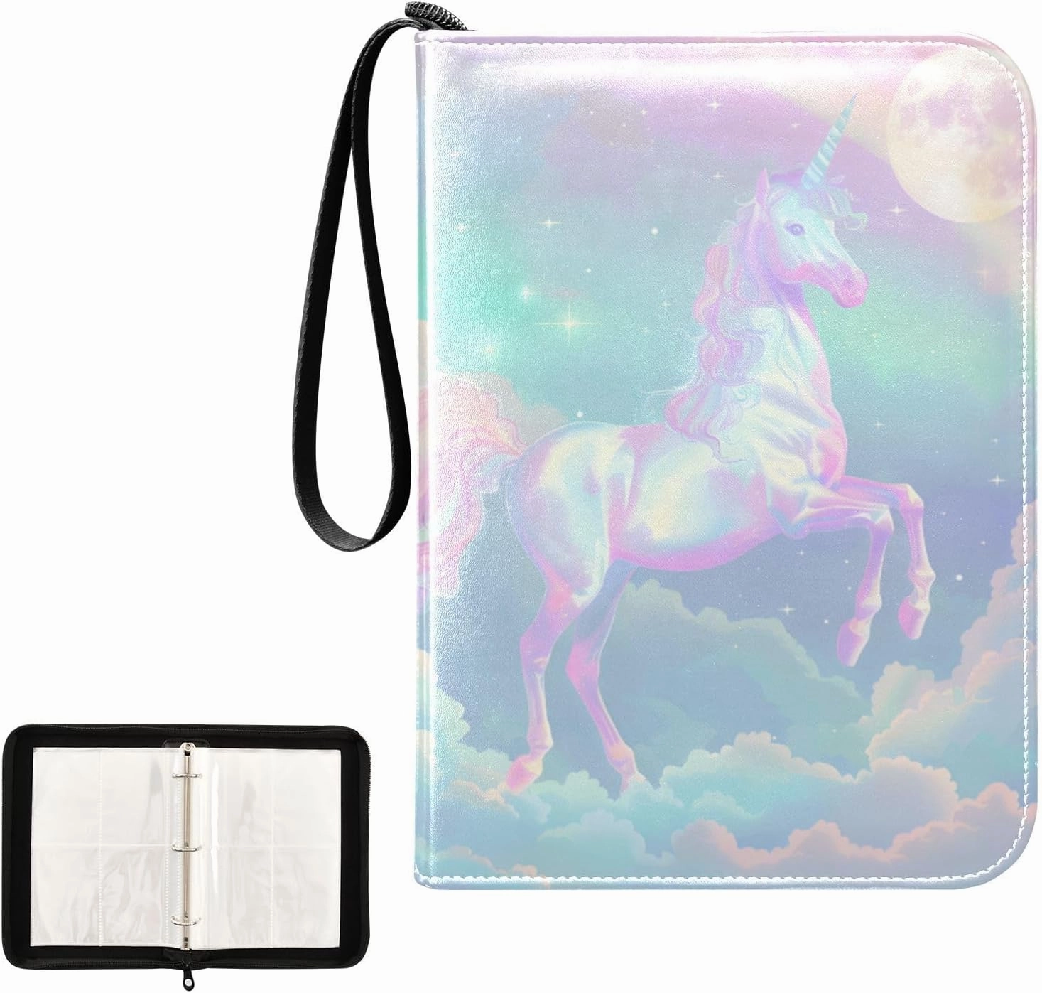 4 Pockets Trading Card Album Holder Book Folder Sports Card Binder Cute Unicorn Moon 400 Double Side Pockets for 3 Ring Binder Zipper
