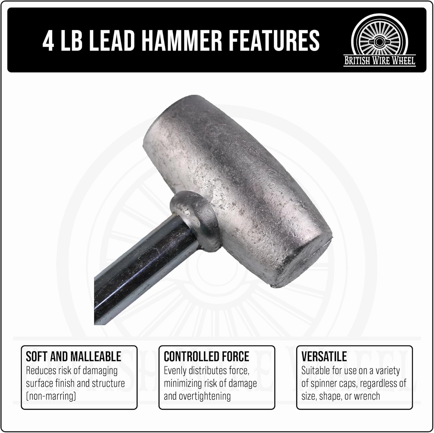 4lb Lead Hammer for Knock Off Wheels - Lead Alloy Non-Marring Automotive Dead Blow Hammer | Perfect Tool for Knock-Off Spinner Caps for Lowriders and Classic Cars with Wire Wheels