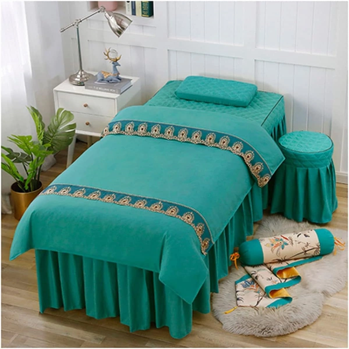 4pcs Beauty Salon Bedding Massage Spa Cover Sets Beauty Bedspread Four-Piece Simple Chinese Style Beauty Salon Special Bedding Massage Bed Cover(Green,80 * 190cm)