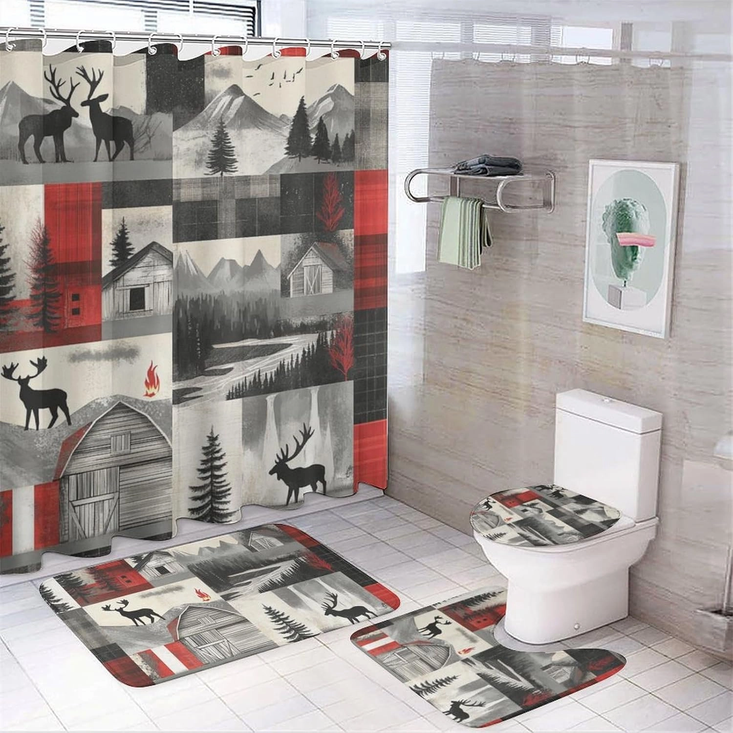 4Pcs Farmhouse Jungle Cabin Shower Curtain Sets, Bath Mat and Rugs, Patchwork Moose Animal Shower Curtain with Hooks for Bathroom