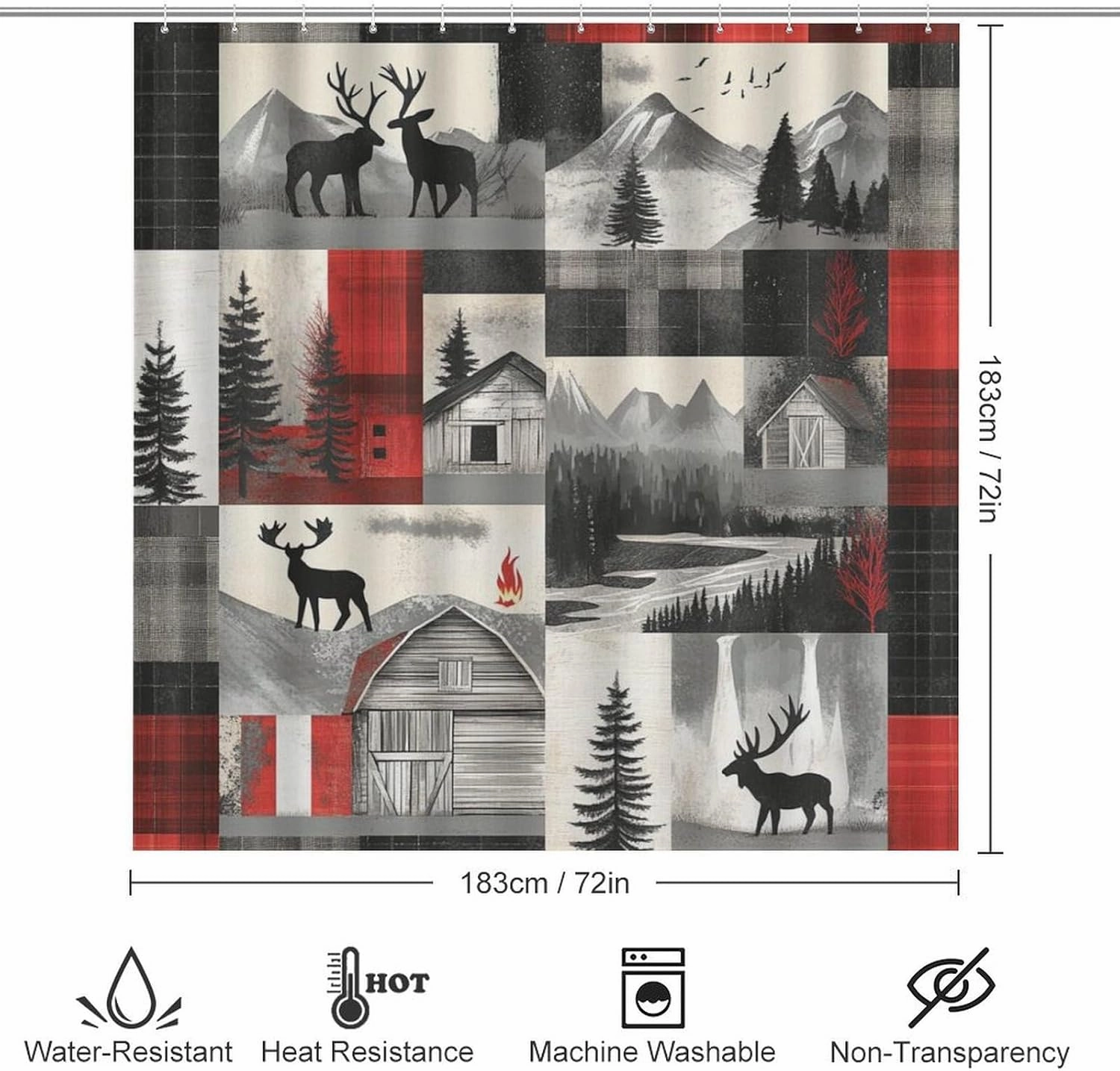 4Pcs Farmhouse Jungle Cabin Shower Curtain Sets, Bath Mat and Rugs, Patchwork Moose Animal Shower Curtain with Hooks for Bathroom