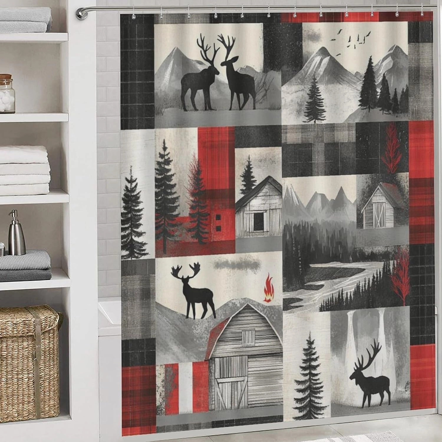 4Pcs Farmhouse Jungle Cabin Shower Curtain Sets, Bath Mat and Rugs, Patchwork Moose Animal Shower Curtain with Hooks for Bathroom