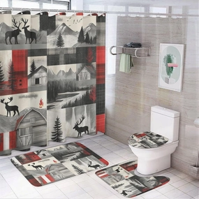 4Pcs Farmhouse Jungle Cabin Shower Curtain Sets, Bath Mat and Rugs, Patchwork Moose Animal Shower Curtain with Hooks for Bathroom