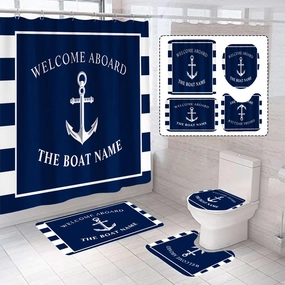 4Pcs Navy Blue Anchor Shower Curtain Set with Non-Slip Rugs and Toilet Lid Cover Navy Strip Nautical Theme Fabric Shower Curtain Bathroom Decor with Hooks Waterproof Washable 72" x 72''