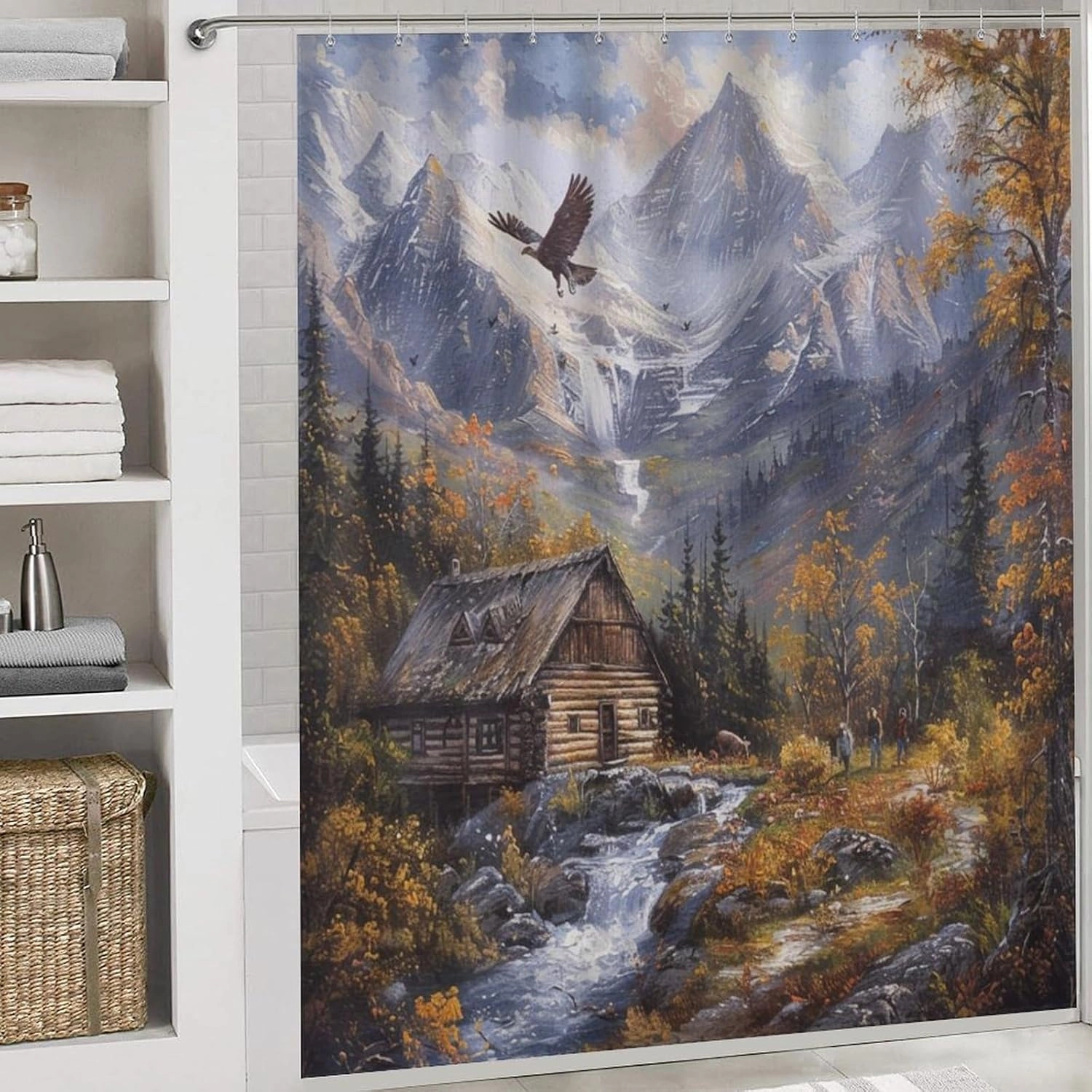4Pcs Retro Cabin Jungle River Shower Curtain Sets, Bath Mat and Rugs, Eagle Waterfall Mountain Fall Shower Curtain with Hooks for Bathroom