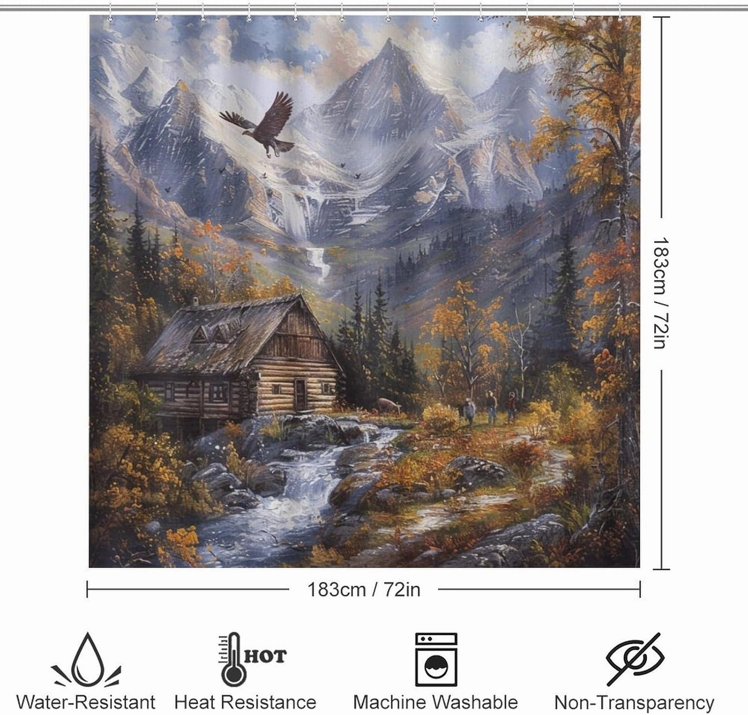 4Pcs Retro Cabin Jungle River Shower Curtain Sets, Bath Mat and Rugs, Eagle Waterfall Mountain Fall Shower Curtain with Hooks for Bathroom