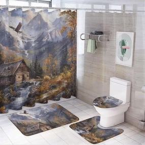 4Pcs Retro Cabin Jungle River Shower Curtain Sets, Bath Mat and Rugs, Eagle Waterfall Mountain Fall Shower Curtain with Hooks for Bathroom