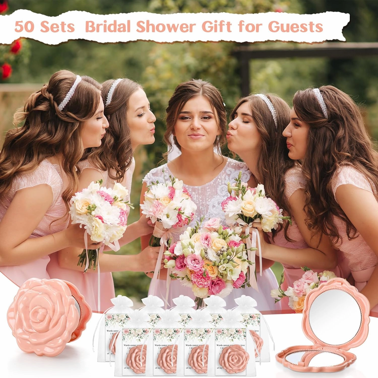 50 Sets Bridal Shower Party Favors for Guests Small Rose Compact Mirror Bulk Wedding Favors Thank You Cards and Organza Bags Wedding Party Guests Souvenir Gift (Pink Champagne)