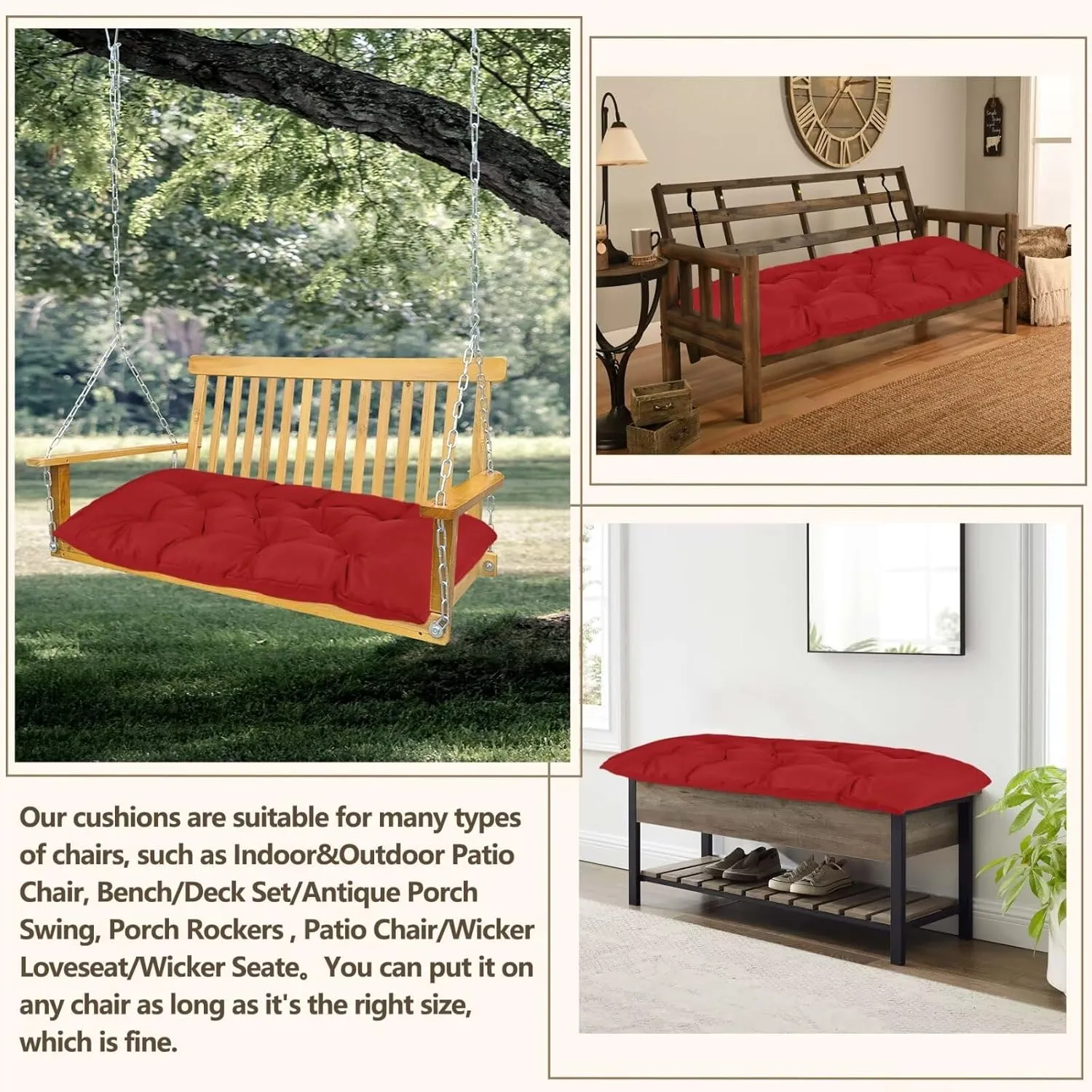 59 inch Waterproof Indoor Outdoor Garden Bench Seat Cushions,Thicken Patio Bench Soft Rocking Chairs Pad Lounger Seat for Porch Wicker Loveseat Settee (59 X 19.6 in,Red)