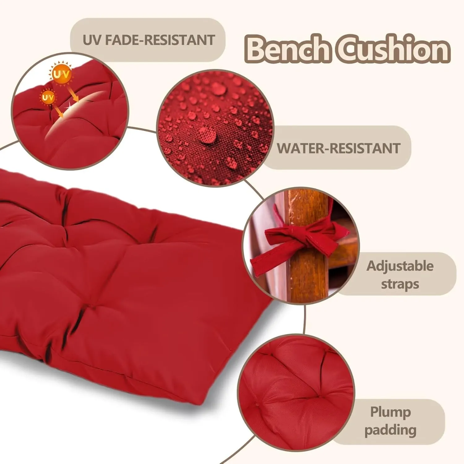 59 inch Waterproof Indoor Outdoor Garden Bench Seat Cushions,Thicken Patio Bench Soft Rocking Chairs Pad Lounger Seat for Porch Wicker Loveseat Settee (59 X 19.6 in,Red)